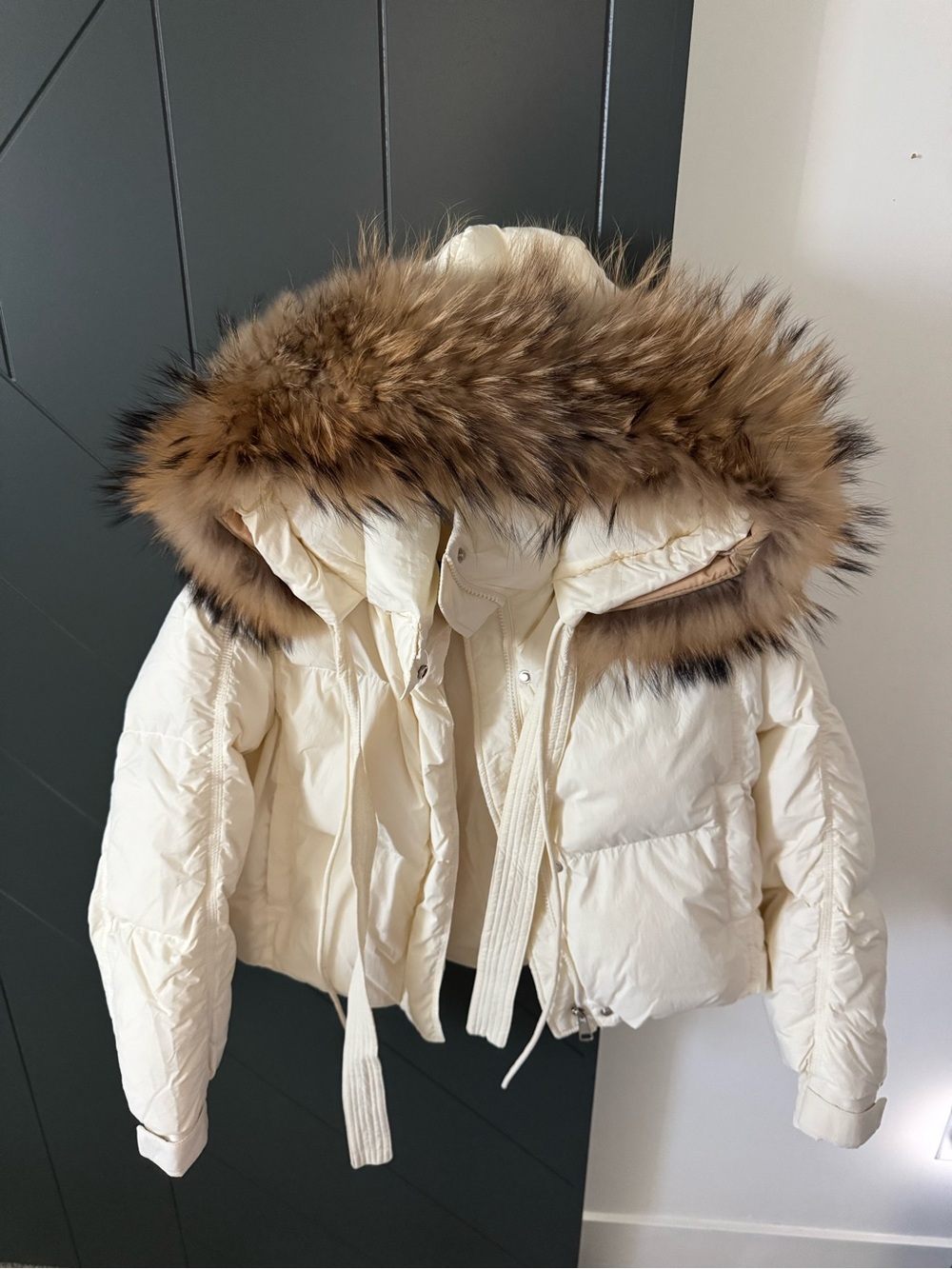 Cream Down Puffer Jacket with Faux Fur Trim Hood